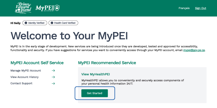 MyPEI Accout page